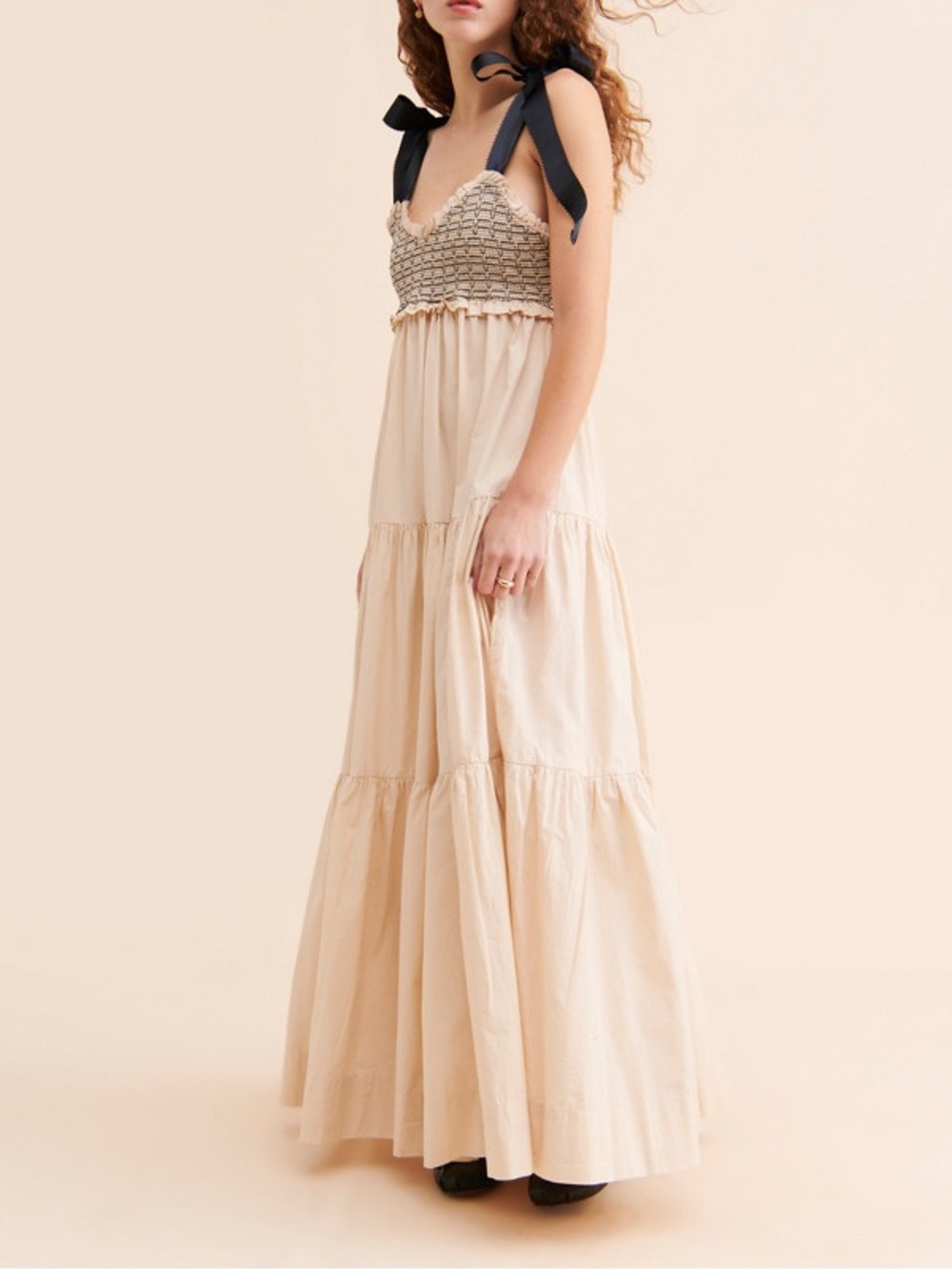 Free People Bluebell Solid Maxi Dress Vacation Sand Smocked Tie Strap M